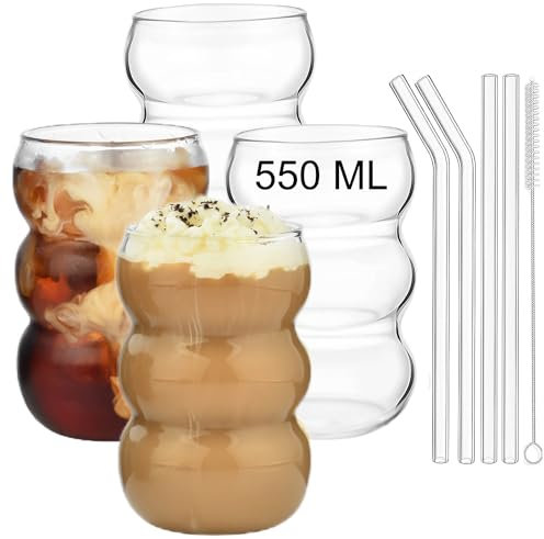 ALINK Bubble Gläs 4er Set Trinkglas,550ml gerippte trinkgläser,wave glas,Latte Macchiato Gläser,Eiskaffee Gläser,Longdrinkgläser,Cocktailgläser