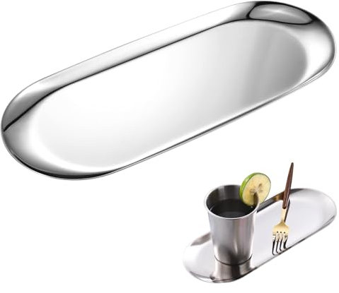 AmkWood Vassoio Nero, Vassoio per Candele, Vassoio Ovale in Acciaio Inossidabile per Dessert, Cosmetici, Gioielli, Candele (Argento, Piccolo)