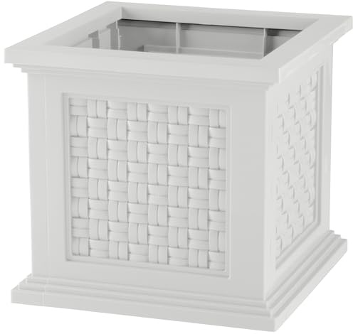 Rattan Style Outdoor Planter Box - 14.65-Inch-Square Decorative Flower or Plant Pot - Garden, Patio and Front Porch Decor by Pure Garden (White)