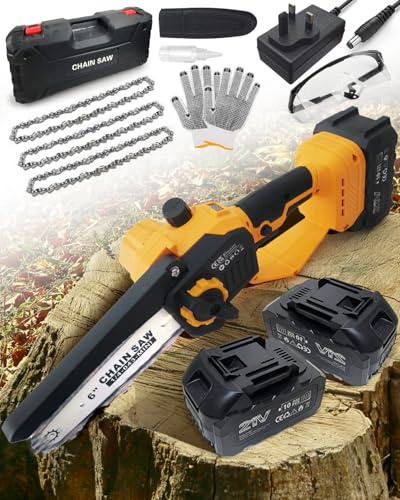 Mini Chainsaw Cordless 6 inch, LED Battery Display, 8000mAh Battery Brushless Motor Electric Chainsaw with Hand Protection, Lubrication System with 3 Chains, Security Lock, for Garden Tree Trimming