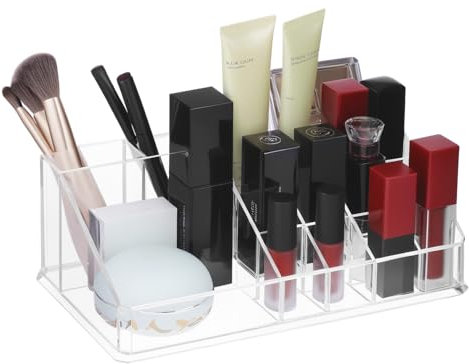 QWORK® Makeup Organizer, Acrylic Lipstick Holder with 16 Sections for Skincare, Brushes, and Jewelry