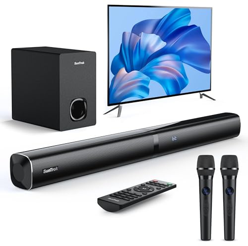 Soundbar for tv: Karaoke Machine Sound Bar with 2 Wireless Microphones - Surround Sound System Bluetooth Speaker with Remote Supports HDMI ARC/Optical/AUX/USB for TV/PC/Gaming/Projectors