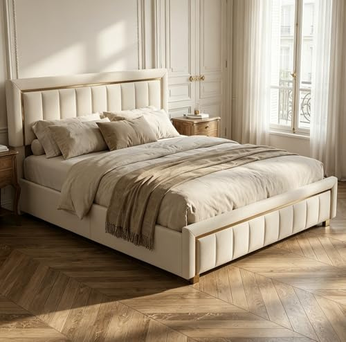 BRILVERDE Letto imbottito 160x200 con Contenitore idraulico, Letto matrimoniale, Funzionale con testiera, Struttura letto con rete a doghe, Velluto (Beige, 160 x 200 cm)