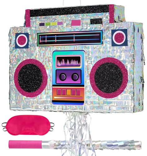 WERNNSAI Boombox - Piñata de discoteca retro con venda para los ojos y palo para decoración de fiesta de discoteca Hip Pop de los años 70, 80, 90, suministros de cumpleaños, hombres y mujeres