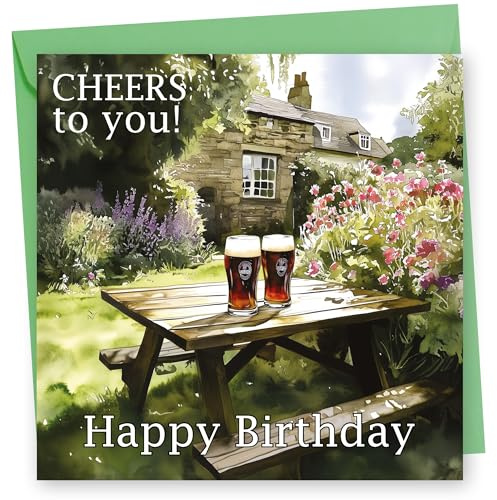 Birthday Card. Pub Garden Design. 150x150mm supplied with Envelope. Eco-friendly. Message inside. Made in Britain.