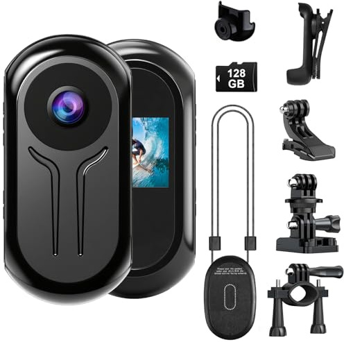 OBEST Mini Camara Deportiva con Tarjeta 128 GB Cámara Accion 360 Bodycam Visión Nocturna con Pantalla 0,85, Cámara Casco Moto Magnética 1080P, Vlog POV Camera Video Corporal Ciclismo Viaje, Negro