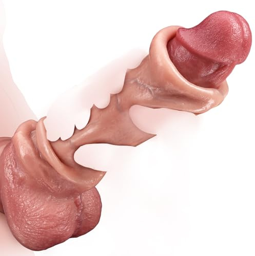 Realistic Movable Foreskin Dildo Sex Toys, 9.5 Dual Density Silicone Lifelike Thick Dildo with Squeezable Balls for G Spot and Anal Play, Strong Suction Cup Dildos Adult Toy for Women Men Couples