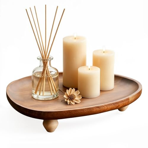 Wooden Decorative Tray, Handmade Wood Serving Platter Raised for Display, Cosmetics Tray Jewelry Storage for Fruit, Dessert, Candle, Jewelry and Soap (25.8x21.3x5cm)
