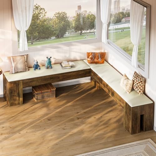 Tribesigns L-Shaped Bench, 61 Entryway Shoe Bench with Padded Seat Cushion, Farmhouse Corner Kitchen Breakfast Nook Seating for Dining Room, Entryway, Office, Cloakroom, White and Brown