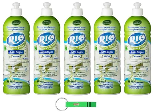 Rio - 5 detergenti per il bagno Tutto Bagno/detergente per tutto il bagno, con profumo di menta naturale, 750 ml + portachiavi Beni Culinari