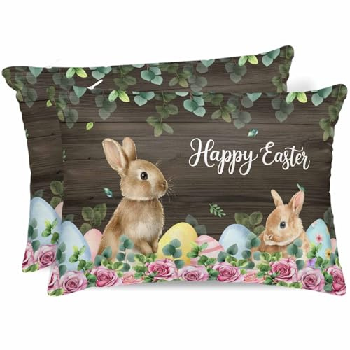 Easter Satin Pillowcase for Hair and Skin with Zipper, Soft Breathable Cooling Silk Pillow Cases, Spring Watercolor Bunny Eggs Flower Leaf Wood Grain Throw Pillow Covers King Size 20x36 Set of 2
