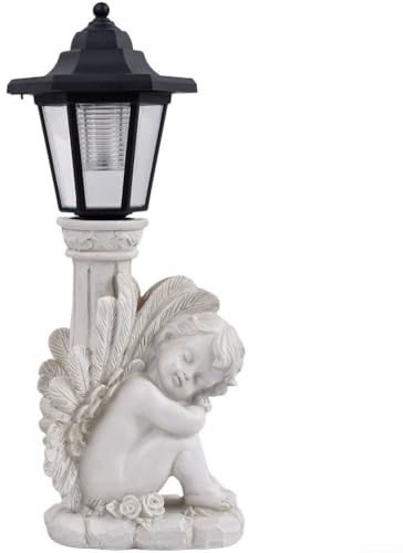 URPIZY Antica colonna romana a forma di angelo, lampada solare, resistente intemperie, scultura in resina per giardino e cortile, luce notturna delicata come commemorazione d'amore