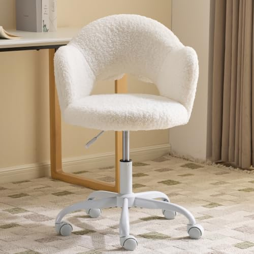Karl home Swivel Vanity Chair Dressing Table Chair, White Office Chair | Ergonomic Backrest Design | Decorative & Functional Lumbar Pillow | Adjustable Height | 360° Swivel | Faux Shearling Fabric