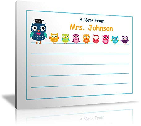 Printpps Customizable 4 x 3 Teacher Gift Sticky Notes with a Name (8 Pads Gift Wrapped, 25 Sheets Per Pad) (Colorful Owls Design)