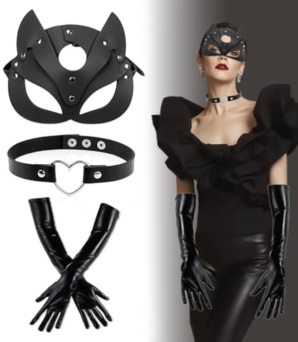Aurasky Masque Catwoman, Collier Gothique, Gants Longs en Cuir Verni, Masque Halloween Femme, Masque en Cuir PU Noir, Catwoman Deguisement, pour Halloween Carnaval Mascarade Cosplay Fête