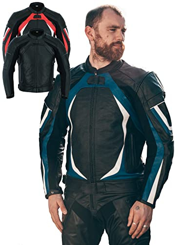Texpeed Mens Leather Motorcycle Jacket - Perforated Racing Motorbike Suit Top With Genuine Biker CE Armour (EN 1621-1) Protection Blue - L