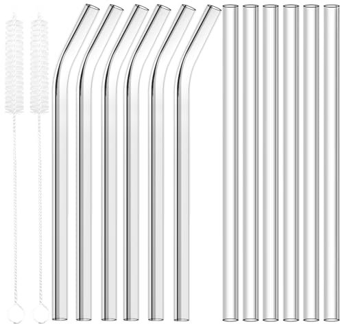 HAUTOCO Glasstrohhalme Wiederverwendbar 12 Stück - 6 Gerader und 6 Gebogene Strohhalme Glas mit 2 Reinigungsbürste, Trinkhalm Glas Strohhalme Spülmaschinenfest 21.5 cm für Cocktail Gin Gläser