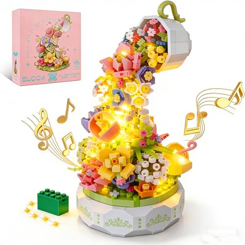 QLT QIAOLETONG Plantes, fleurs, amis, jouets de construction, boîte rotative, fleurs, avec lumière LED, briques de construction, cadeau pour filles de 6 à 12 ans et adultes, décoration de fête des