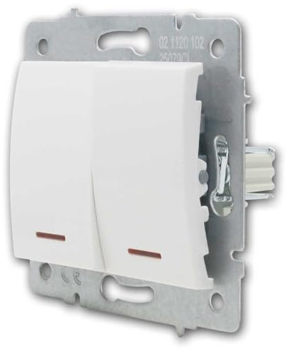 LOGI 2-fach Schalter mit LED, Kontrollschalter mit Doppelwippe, weiß glänzend, ohne Rahmen, Schraubklemmen, passend für Montagedose Ø60mm