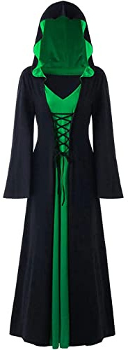 Disfraz de bruja medieval y renacentista vintage de Halloween, vestido de mujer, disfraz de bruja vampiresa con capucha (negro-verde, M)