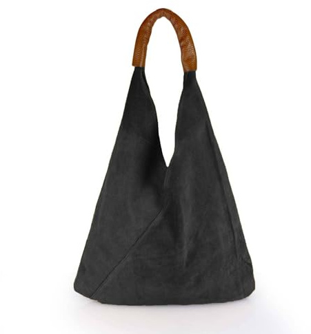 FrasiBags Borsa Hobo Donna, Borsa Sacca in Pelle Camoscio, Borsa a Spalla, Borsa in Pelle Scamosciata Donna Made in Italy (Nero)