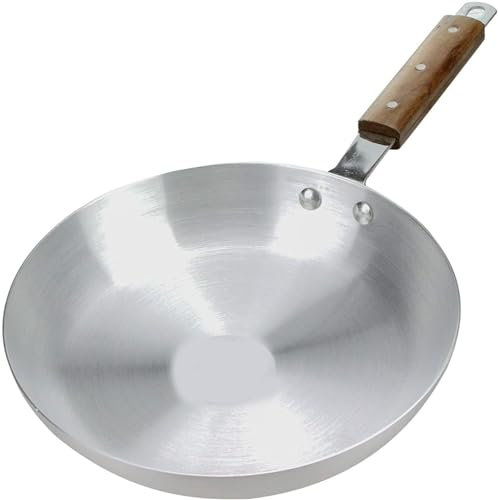 MAXPERKX Professional Chef's Skillet Curry Fry Pan Aluminium Frying Pan Cooking Wok with Wooden Handle Kitchen 28cm Heavy Duty Catering Professional Use Home Restaurant Egg