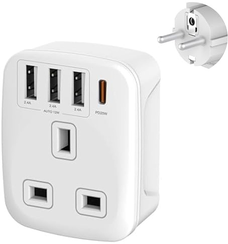 Double Dragon UK to European Travel Adaptor, Grounded Type E/F Plug | 20W Fast Charging, 3 USB-A & 1 USB-C | 5-in-1 Adapter for Germany, France, Spain, Greece & More