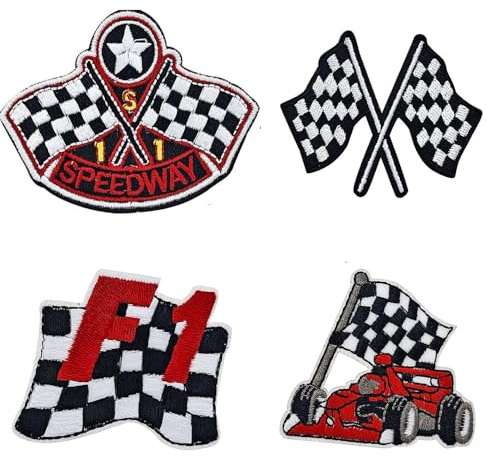 CYWQ - Lote de 4 parches bordados para planchar o coser con bandera de carrera F1 para bolsos, sombreros, jeans, chaquetas, moteros, motocicletas, color blanco y negro