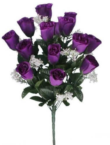 Endless Creations Artificial Rose Buds (18 Heads, 45cm) – Realistic Silk Flower Bush for Weddings, Graveside Memorials, Home Decor & More (1, Purple)