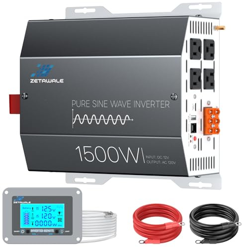ZETAWALE Inversor de onda sinusoidal pura de 1500 W, 12 V CC a 110 V 120 V CA, 3000 W pico, 4 salidas CA, USB, tipo C, LCD con control remoto