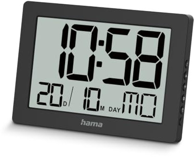 Hama Wanduhr digital (Anzeige von Zeit, Kalender, Wochentag, 7 Sprachen, Displayanzeige in Stunden und Minuten, mit ausklappbarem Standfuß zur Verwendung als Tischuhr, inkl. Batterien) schwarz