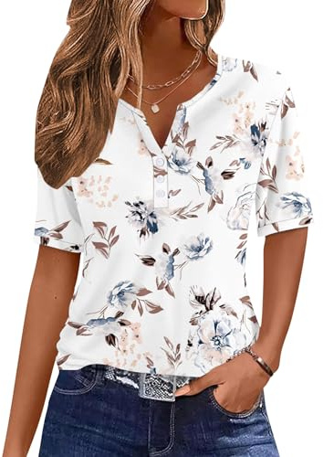 WNEEDU Skjorta Dam Sommar Kortärmad Skjorta Eleganta Toppar med V-hals Och Knappar Topp Tshirt