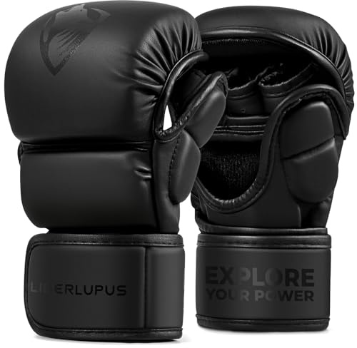 LIBERLUPUS MMA Gloves Sparring Grappling, Open Palm Martial Arts for Men, Muay thai, kickboxing, Punching heavy bag, Boxing Gloves Training- Durable Synthetic Leather with Wrist Support (Black, S-M)