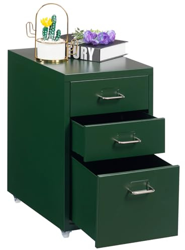 HollyHOME Archivador móvil con 3 cajones, organizador de archivos rodable bajo el escritorio, armario de almacenamiento de metal con ruedas para el hogar y la oficina, verde oscuro