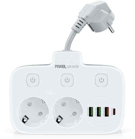 Steckdosenleiste mit PD20W USB C, Doppelstecker für Steckdose 2 Fach und 4 USB, 6 in 1 Steckdosenadapter, Verteilersteckdose Steckerleiste Mit Kabel