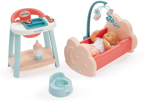 Jouets Ecoiffier - 1833 - Lit + Chaise Haute + Poupon - Ensemble Nursery 3 en 1 - Poupon 32 cm + Accessoires - Jeu d'Imitation - Dès 18 Mois - Fabriqué en France