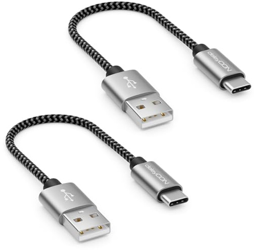 deleyCON USB-C nel SET (2 Pezzi da 0,15m) 15cm Corto Nylon Ricarica Dati USB Tipo C Connettori Metallo Ricarica & Sincronizzazione Smartphone