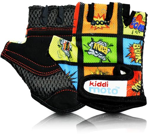 KIDDIMOTO Guantes de Ciclismo sin Dedos para Infantil (niñas y niños) - Bicicleta, MTB, BMX, Carretera, Montaña - Libro Cómico - Talla: S (2-5 años)