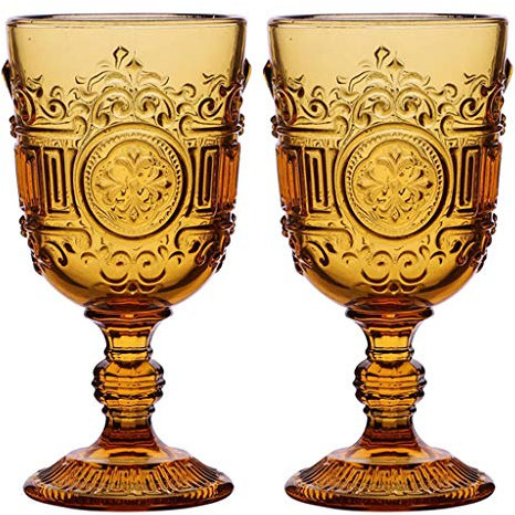 Dibor Wine Glasses Set of 2 Orange Embossed 300ml Drinking Goblets