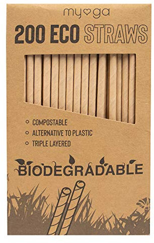 Myga Eco Straws - 200 Pack Triple Layered Kraft Paper Reusable Drinking Straws - 100% Eco-Friendly Compostable Biodegradable Alternative to Single Use Plastic