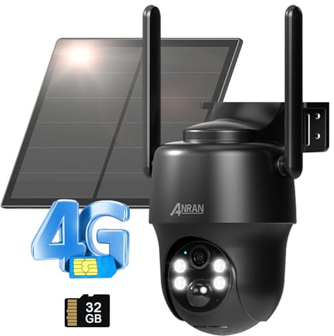 ANRAN 4G LTE Telecamera Solare con SIM Scheda, 2K Telecamera Esterno Senza WIFI, 360° PTZ Telecamera con Pannello Solare Batterie+Scheda SD, Visione Notturna a Colori, Rilevamento PIR, IP66, G1 Nero