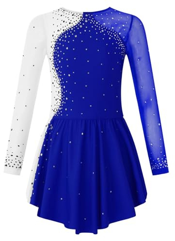 Freebily Abito da Pattinaggio Artistico Bambina Strass Leotards da Ginnastica Vestito da Danza Classica Moderna a Maniche Lunghe Vestito Ballerina Ballo Latino Dancewear Blu Reale 13-14 Anni