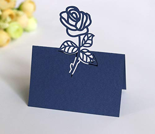 SYSUII Bordskort platskort namnkort 50 stycken för märkning bröllop namnkort pärlemorskimrande papper platskort rosa blommor ihåliga sittnummerkort för bröllop, fester, banketter mörkblå