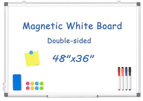 WALGLASS Magnetisk whiteboard, 122 cm x 91 cm stor torr radering vit bräda för vägg, hängande whiteboard med silver aluminiumram för hem, skola, kontor, kök