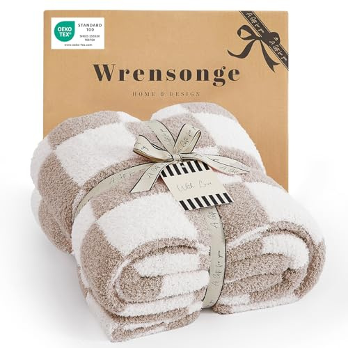 WRENSONGE Checkered Throw Blanket, Taupe Microfiber Soft Cozy Fluffy Warm Hand Made Throw Blankets for Couch, Sofa, Chair, Bed, Camping, Picnic, Travel Lightweight Bed Blanket - 50*70