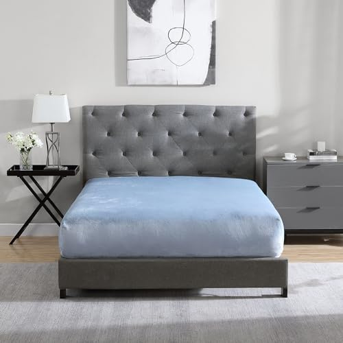 Cathay Home Twin Plush Fur Fitted Sheet - Ultra Soft & Thick Plush Fur - All Season Cozy Warmth - 12 Deep Pocket Fitted Sheet Only (Twin, Blue Fog)