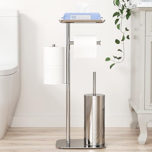 Toilettenpapierhalter Stehend Silber mit Bürste - Klopapierhalter Stehend mit Klobürste, WC Garnitur mit Feuchttücherbox und Toilettenbürste