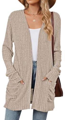 RUISHH Gilet Femme Manches Longues Ouvert sur Le Devant Cardigans Automne Hiver Long Pulls avec Poches Kaki L