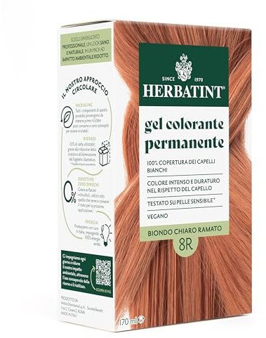 Herbatint Gel Colorante Permanente per Capelli 8R Biondo Chiaro Ramato - 170 ml | Senza Ammoniaca, 100% Copertura Capelli Bianchi | per Pelli Sensibili, con 8 Estratti Naturali Bio