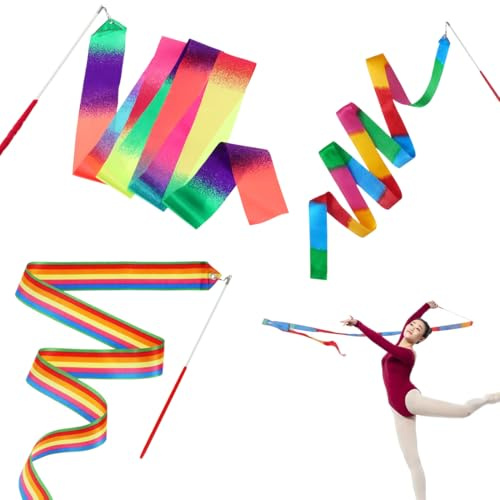 Nastri da Ballo, 3 Pezzi Nastri per Danza Ritmica, Nastri Ginnici Multicolori per Bambini e Adulti, Accessori da Ballerina, Ginnastica Ritmica Bacchetta, per Talentshow Artistico di Danza, 2m